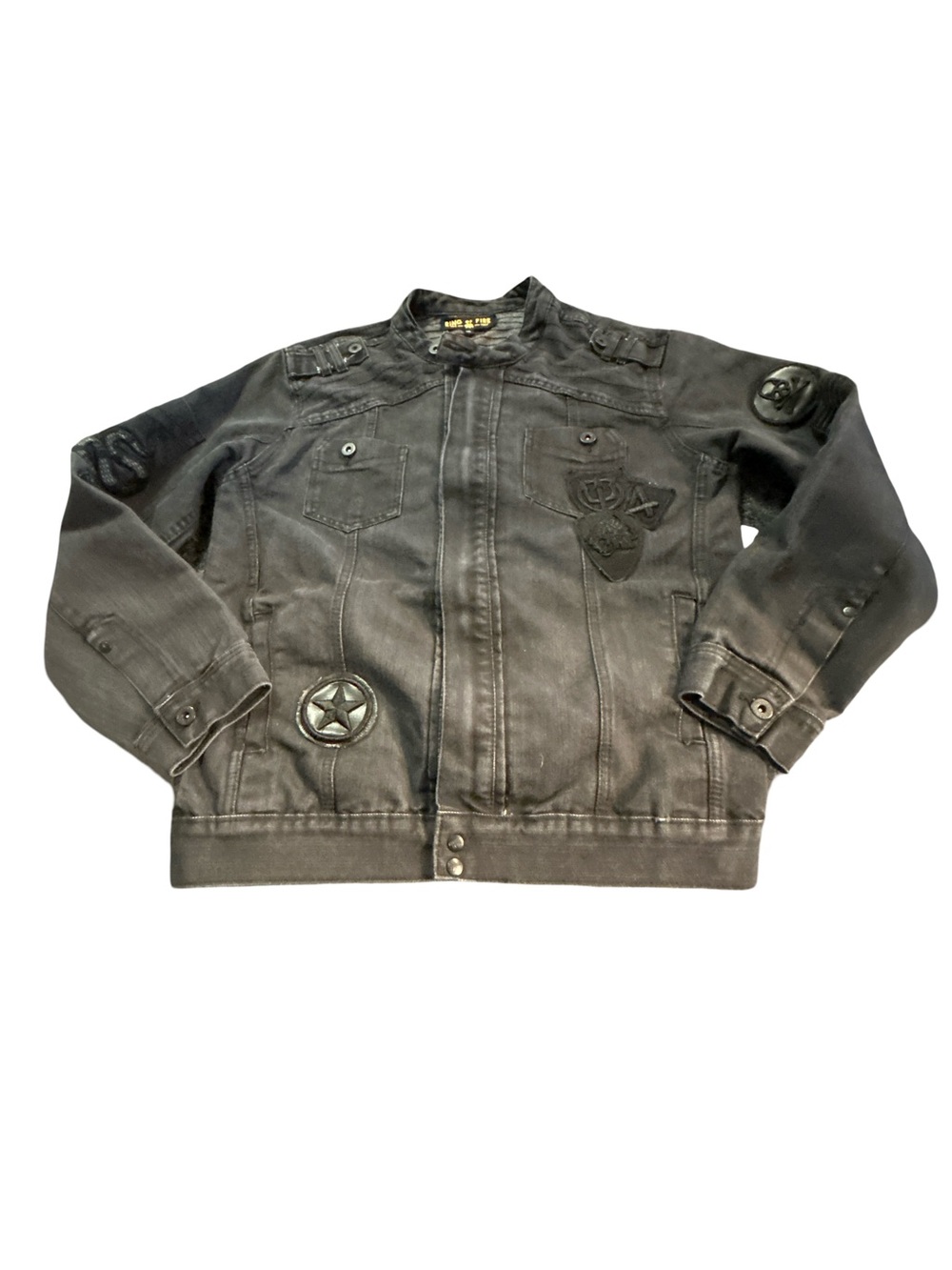 Ring of Fire Mens Black Denim Moto Jacket Patches Washed Biker Coat M Streetwear